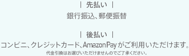 【先払い】銀行振込、郵便振替　【後払い】コンビニ、クレジットカードがご利用いただけます。代金引換はお選びいただけませんのでご了承ください。