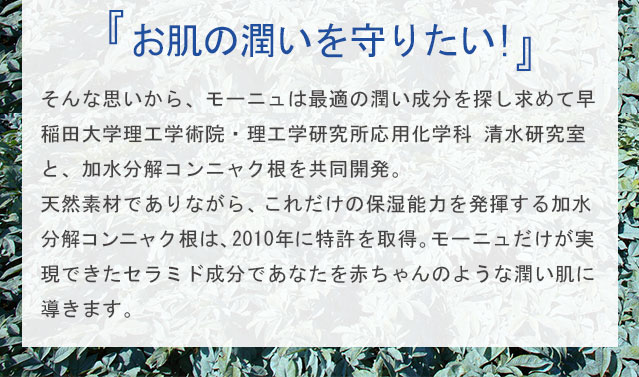 「お肌の潤いを守りたい!」そんな思いから、モーニュは最適の潤い成分を探し求めて早稲田大学理工学術院・理工学研究所応用化学科 清水研究室と、加水分解コンニャク根を共同開発。天然素材でありながら、これだけの保湿能力を発揮する加水分解コンニャク根は、2010年に特許を取得。モーニュだけが実現できたセラミド成分であなたを赤ちゃんのような潤い肌に導きます。