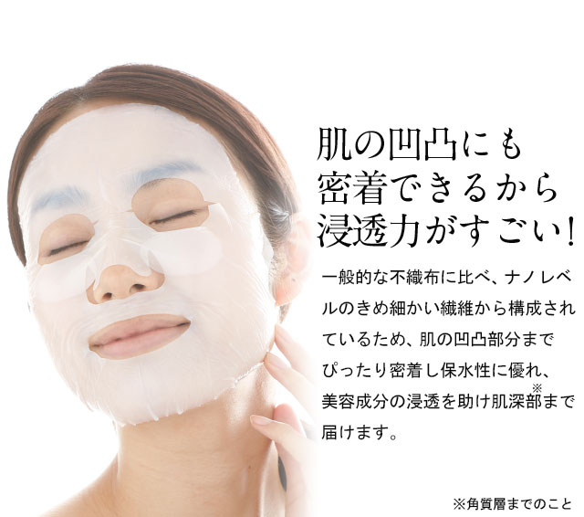 肌の凹凸にも密着できるから浸透力がすごい!一般的な不織布に比べ、ナノレベルのきめ細かい繊維から構成されているため、肌の凹凸部分までぴったり密着し保水性に優れ、美容成分の浸透を助け肌深部まで届けます。